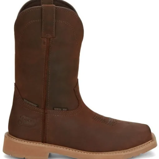 Justin Men's Buster 11" Steel WP Western Work Boot -Brown- SE3101
